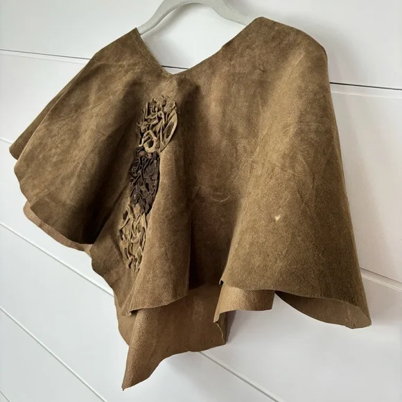 Handmade Vinatge Greenish Brown Suede Leather Poncho Topper - Picture 3 of 14